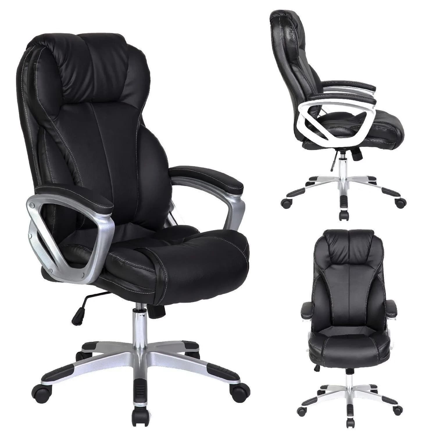 2xhome Modern High Back Tall Ribbed PU Leather Swivel Chair 28in Nylon Base | Executive Office Desk