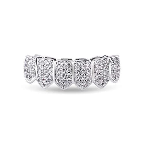 TOPGRILLZ 18K Gold-Plated CZ Vampire Fangs Grillz Set for Bottom Teeth | Hip Hop Rapper Costume Accessory thumbnail 1