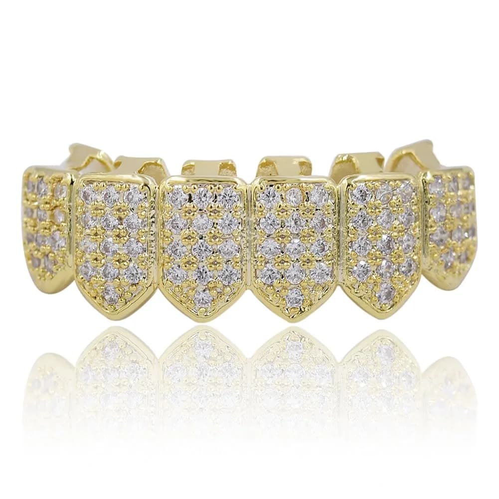 TOPGRILLZ Vampire Fangs Grillz for Teeth - 18K Gold Plated CZ Bottom Grillz with Molding Bars | 6 Teeth