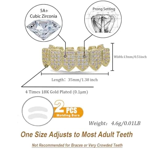 TOPGRILLZ Vampire Fangs Grillz for Teeth - 18K Gold Plated CZ Bottom Grillz with Molding Bars | 6 Teeth thumbnail 2