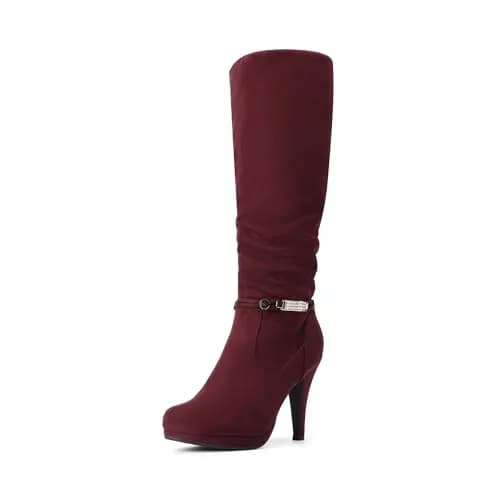 DREAM PAIRS Women's Stiletto Platform Knee High Boots, Burgundy, 5.5 | Elegant winter footwear with faux fur lining thumbnail 1