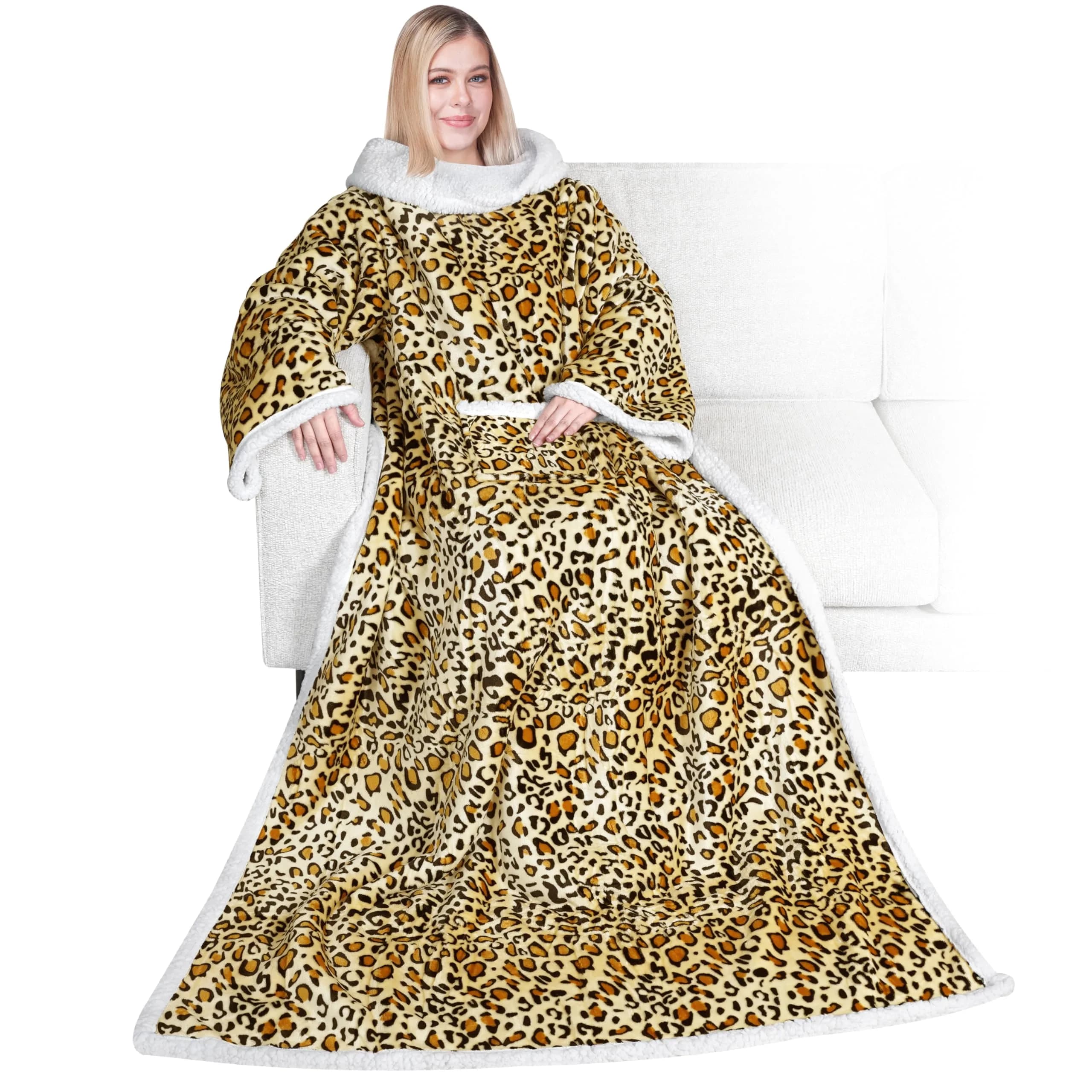 PAVILIA Wearable Blanket with Sleeves & Pocket | Cozy Fleece Snuggle Throw for Women & Men, Navy Blue — Cheetah / Fleece