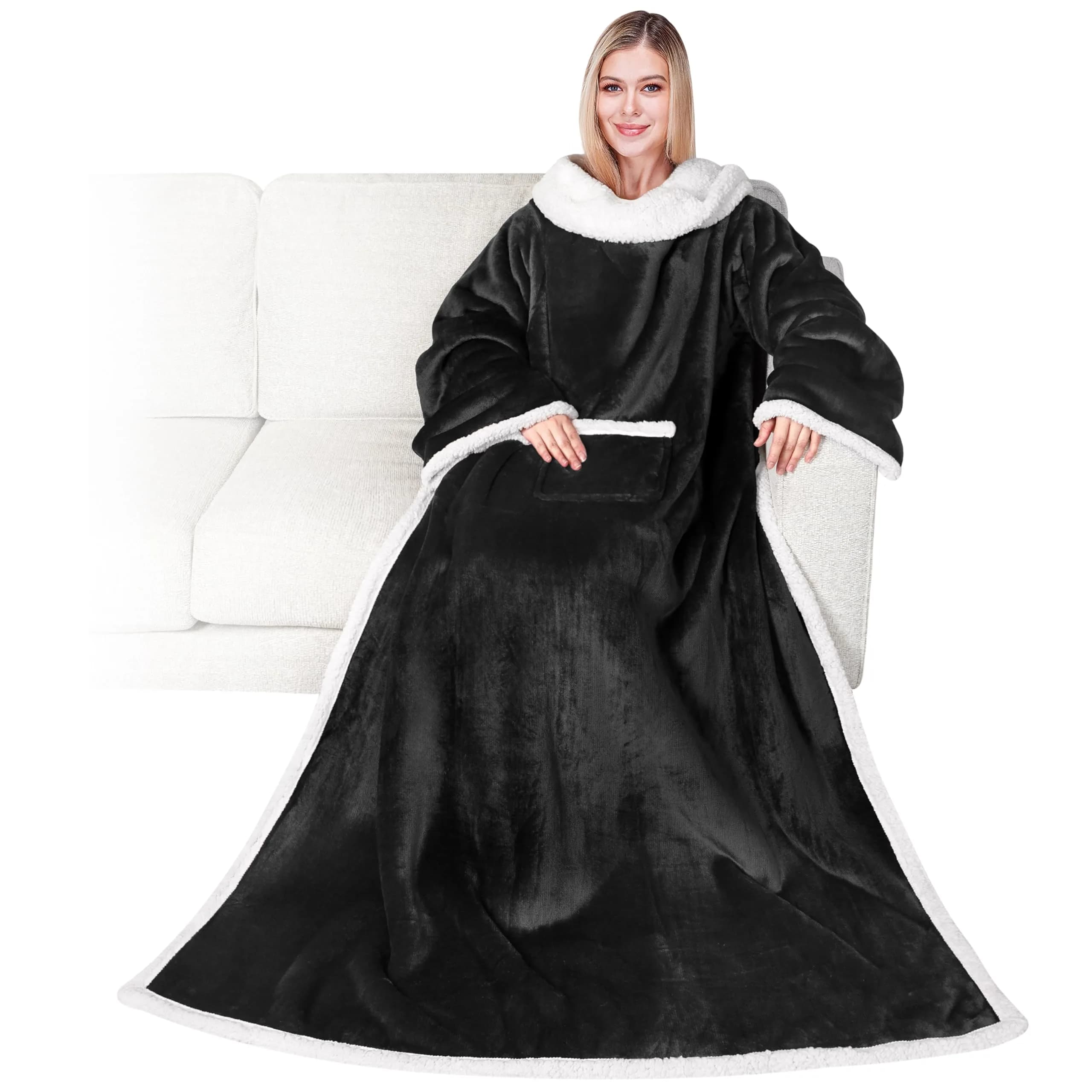 PAVILIA Wearable Blanket with Sleeves & Pocket | Cozy Fleece Snuggle Throw for Women & Men, Navy Blue — Black