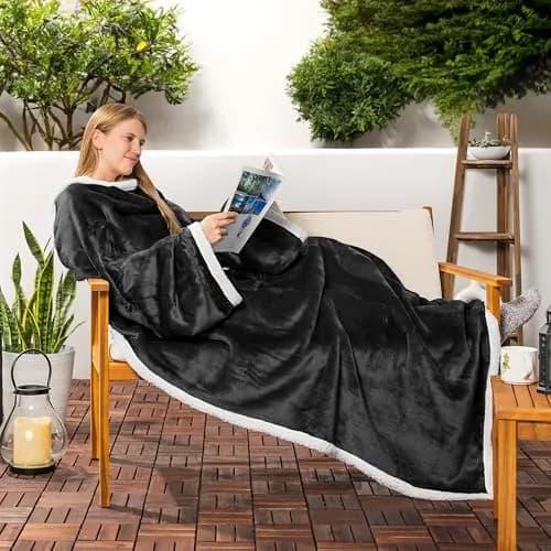 PAVILIA Wearable Blanket with Sleeves & Pocket for Women & Men, Soft Fleece Snuggle Throw with Sherpa Trim, Cozy TV Couch Robe, Black 178cm (70") | Keeps Hands Free for Work or Play thumbnail 6