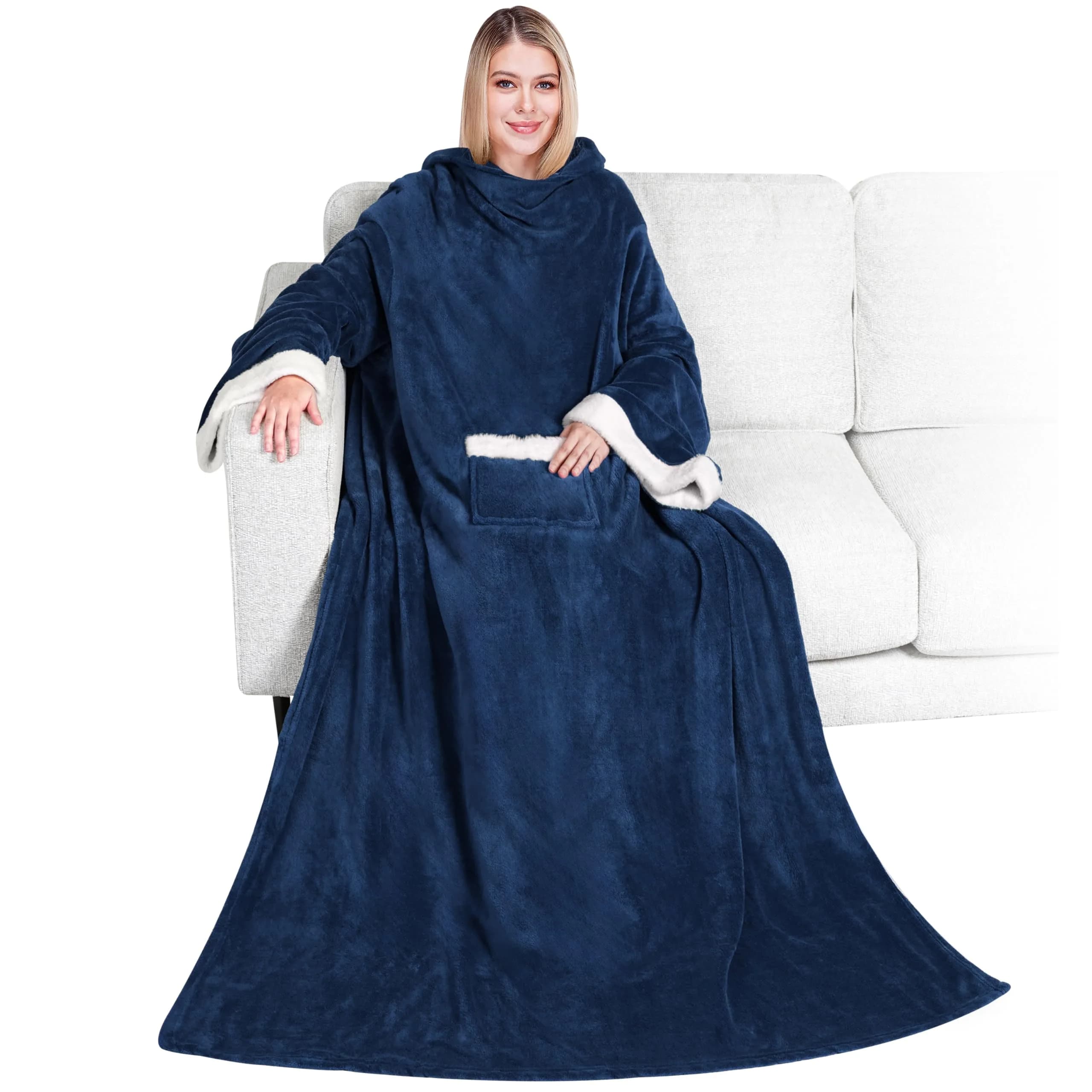 PAVILIA Wearable Blanket with Sleeves & Pocket | Cozy Fleece Snuggle Throw for Women & Men, Navy Blue — Navy