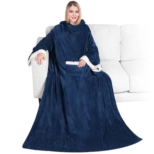 PAVILIA Wearable Blanket with Sleeves & Pocket | Cozy Fleece Snuggle Throw for Women & Men, Navy Blue thumbnail 1