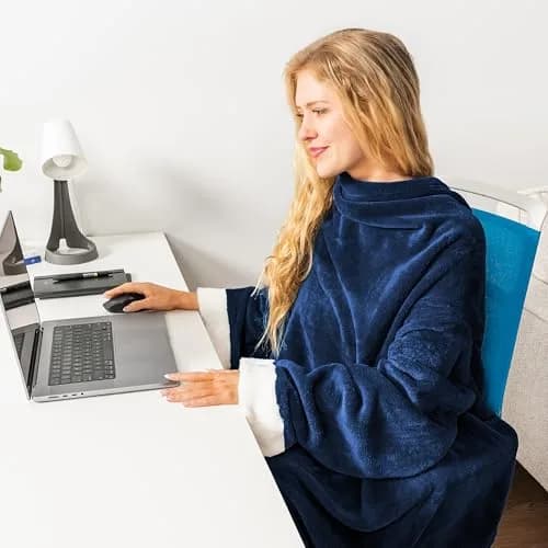 PAVILIA Wearable Blanket with Sleeves & Pocket | Cozy Fleece Snuggle Throw for Women & Men, Navy Blue thumbnail 4