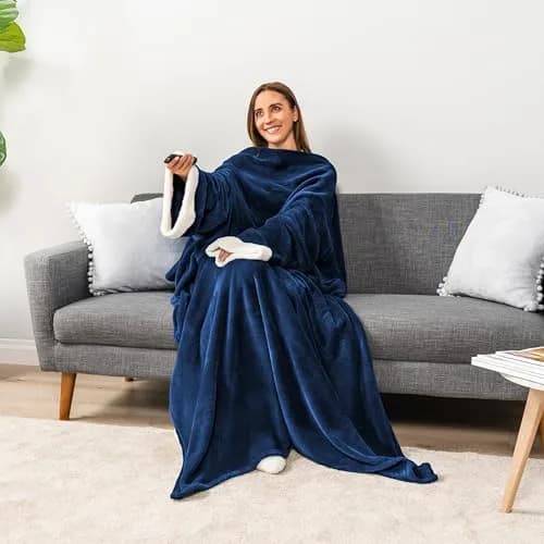 PAVILIA Wearable Blanket with Sleeves & Pocket | Cozy Fleece Snuggle Throw for Women & Men, Navy Blue thumbnail 5