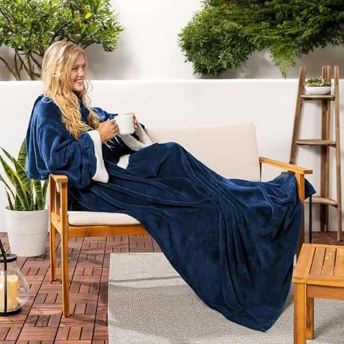PAVILIA Wearable Blanket with Sleeves & Pocket | Cozy Fleece Snuggle Throw for Women & Men, Navy Blue thumbnail 6