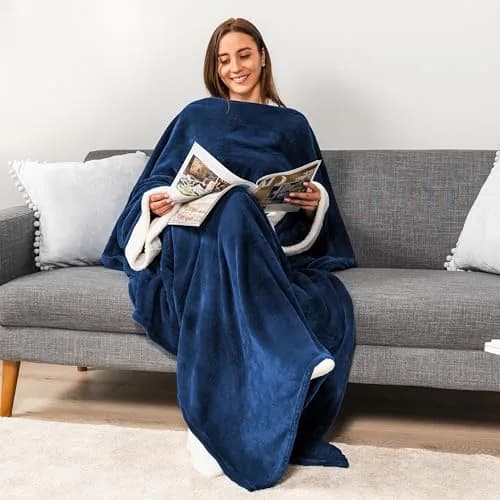 PAVILIA Wearable Blanket with Sleeves & Pocket | Cozy Fleece Snuggle Throw for Women & Men, Navy Blue thumbnail 7