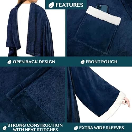 PAVILIA Wearable Blanket with Sleeves & Pocket | Cozy Fleece Snuggle Throw for Women & Men, Navy Blue thumbnail 2