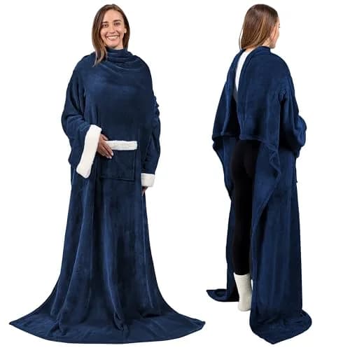 PAVILIA Wearable Blanket with Sleeves & Pocket | Cozy Fleece Snuggle Throw for Women & Men, Navy Blue thumbnail 3