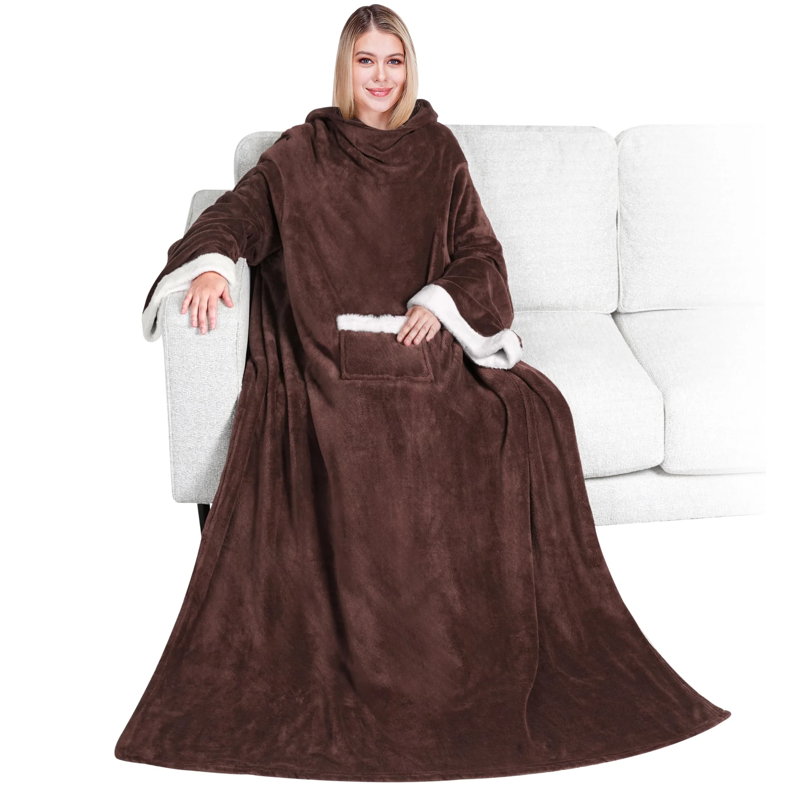 PAVILIA Wearable Blanket with Sleeves & Pocket | Cozy Fleece Snuggle Throw for Women & Men, Navy Blue — Brown / Fleece