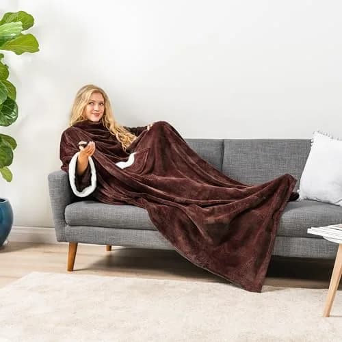 PAVILIA Wearable Blanket with Sleeves & Pocket | Cozy Fleece Snuggle Throw for Adults (70" x 50") thumbnail 5