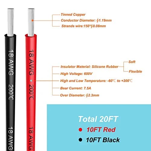 Haerkn 18 AWG Silicone Wire, 20 ft (6.1m) Total, 2 Colors (Black/Red), 600V, 200°C Rated thumbnail 3