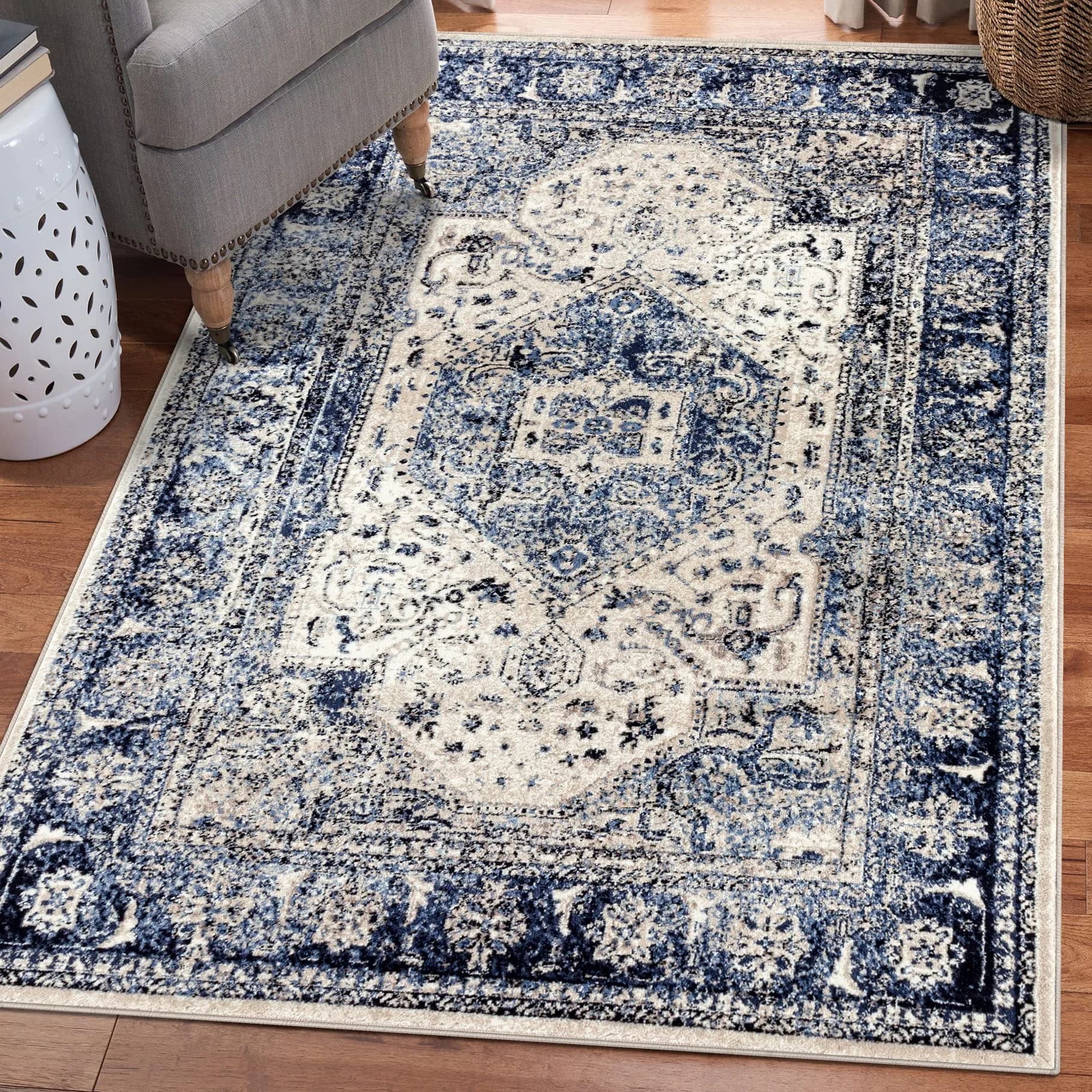 Persian Rug Co. Distressed French Country Area Rug Ivory 5x7 | Traditional Oriental Pattern with Soft Polypropylene (70-120 chars)