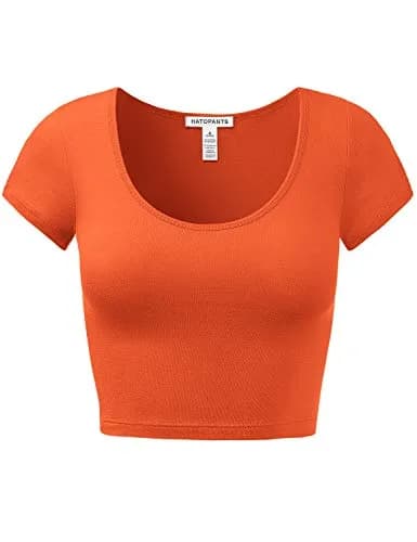 HATOPANTS Women's Crop Tops Short Sleeve Scoop Neck Stretchy Casual Shirt Orange S | Flattering Fit & Breathable Cotton thumbnail 1