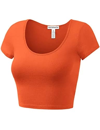 HATOPANTS Women's Crop Tops Short Sleeve Scoop Neck Stretchy Casual Shirt Orange S | Flattering Fit & Breathable Cotton thumbnail 5