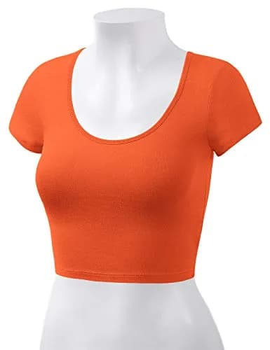 HATOPANTS Women's Crop Tops Short Sleeve Scoop Neck Stretchy Casual Shirt Orange S | Flattering Fit & Breathable Cotton thumbnail 7