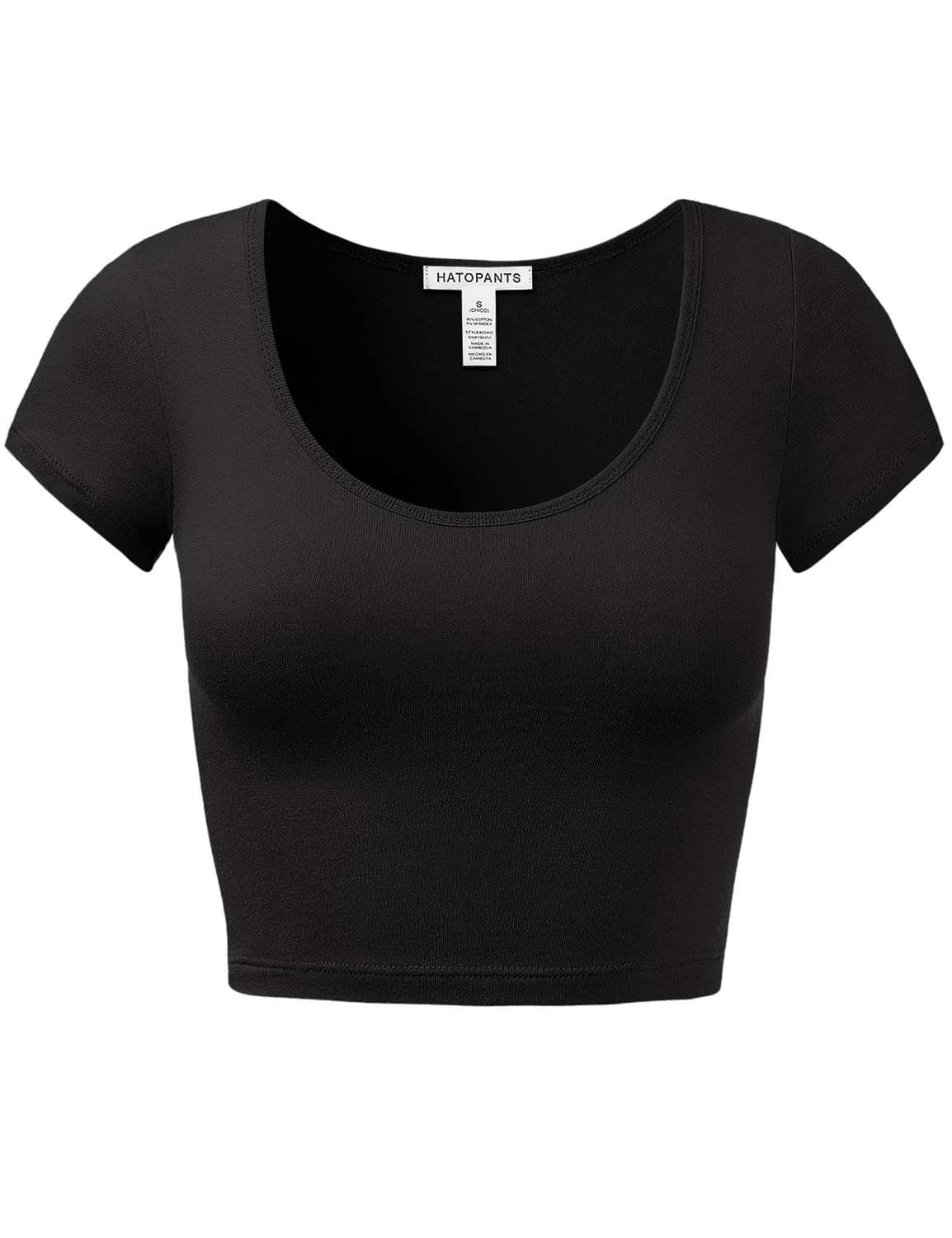 HATOPANTS Women's Crop Tops Short Sleeve Scoop Neck Stretchy Casual Shirt Black L | Flattering Fit & Breathable Comfort