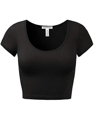 HATOPANTS Women's Crop Tops Short Sleeve Scoop Neck Stretchy Casual Shirt Black L | Flattering Fit & Breathable Comfort thumbnail 1