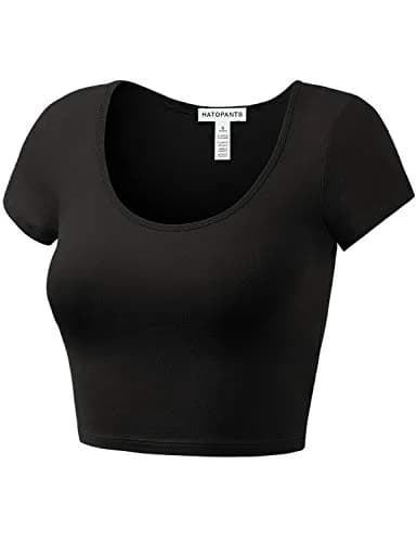 HATOPANTS Women's Crop Tops Short Sleeve Scoop Neck Stretchy Casual Shirt Black L | Flattering Fit & Breathable Comfort thumbnail 5