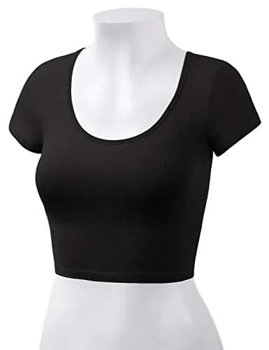 HATOPANTS Women's Crop Tops Short Sleeve Scoop Neck Stretchy Casual Shirt Black L | Flattering Fit & Breathable Comfort thumbnail 7