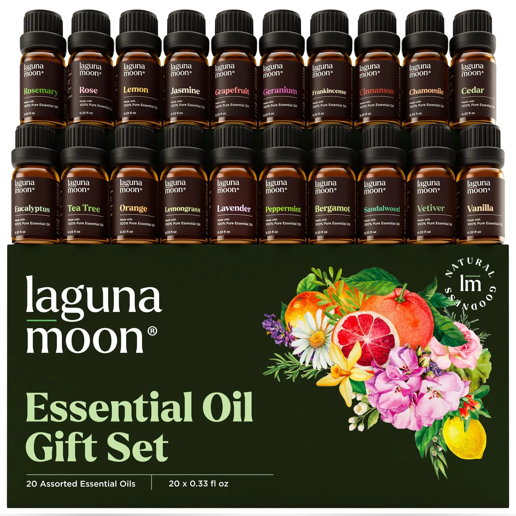 Lagunamoon Essential Oils Set, Top 20 Gift Set Oils for Diffusers, Humidifiers, Aromatherapy, Candle Making Scents, Cars & Home Products, Peppermint, Tea Tree, Lavender, Eucalyptus, Lemongrass (10mL) — Multi-Scent