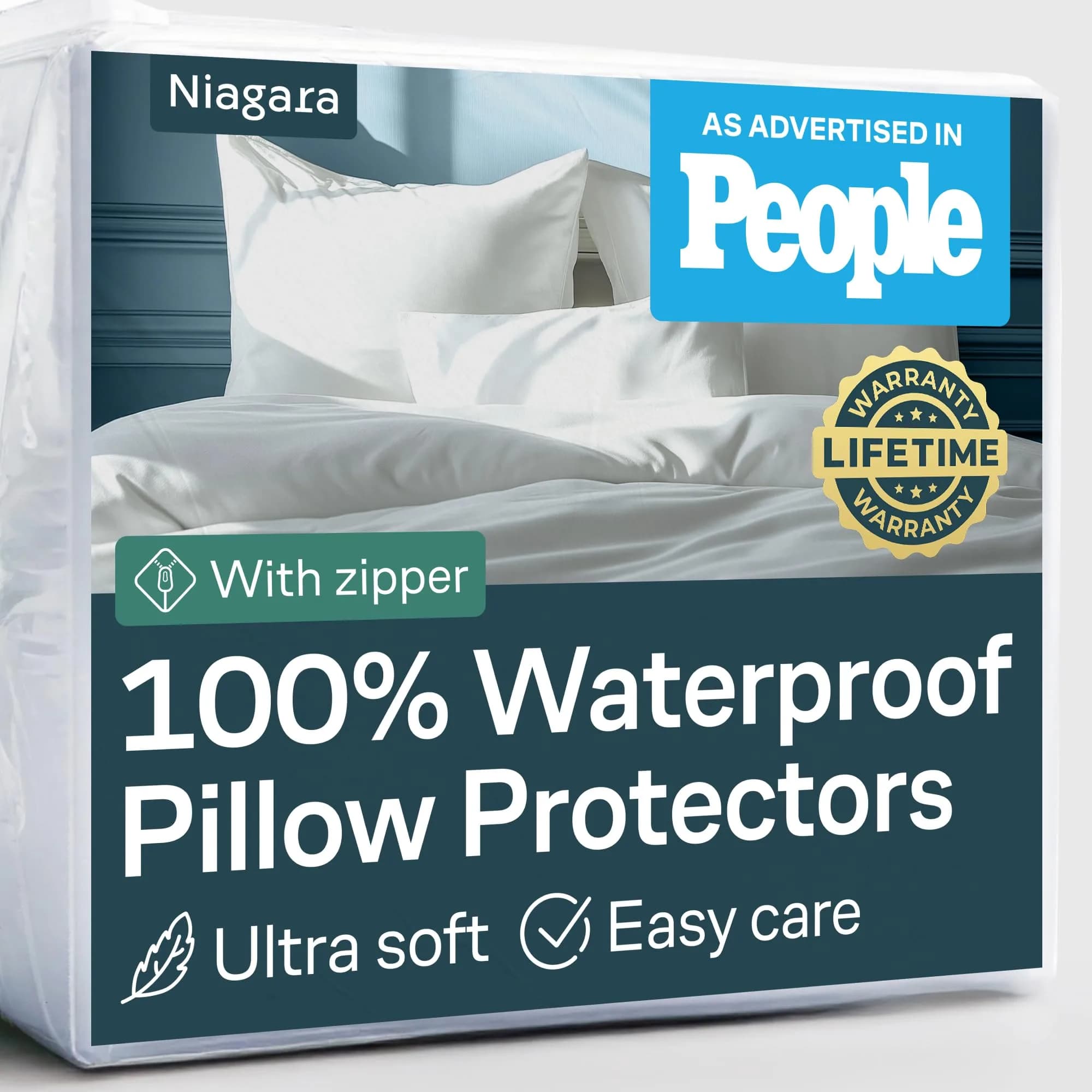 Niagara Waterproof Pillow Protectors - 4 Pack - Standard Size - White | 100% Waterproof, Zippered, Breathable