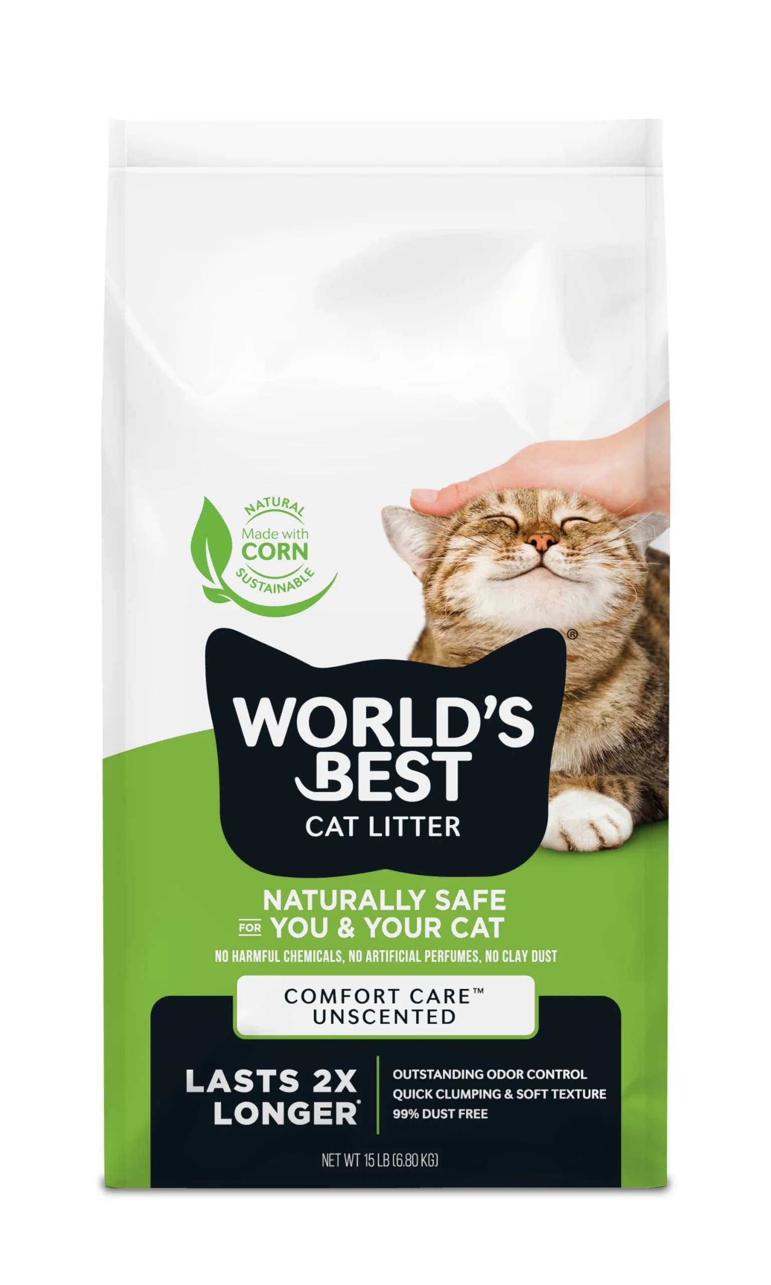 World's Best Cat Litter, Comfort Care, Unscented, Odor Control, 15 lb Bag | Natural Corn Formula, 2X Longer Lasting
