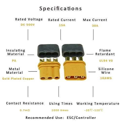 SoloGood 10 Pairs Amass MR30 Male Female Connector for RC Multicopter Airplane | Brass, Gold Plated, 30A thumbnail 2