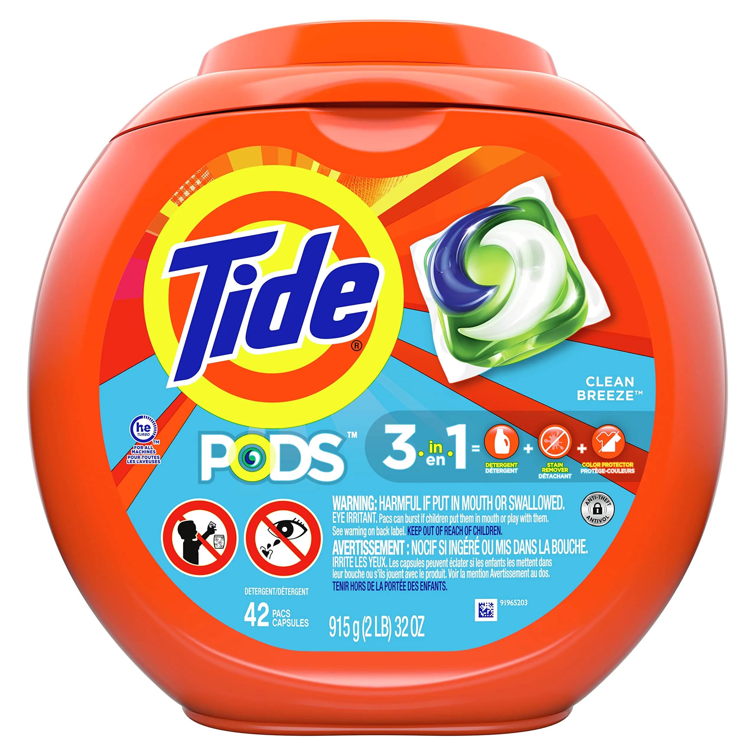 Tide 3-in-1 Laundry Pacs with Extra Odor Fighters & Stain Removers, 42 Count | Powerful Clean & Color Protection