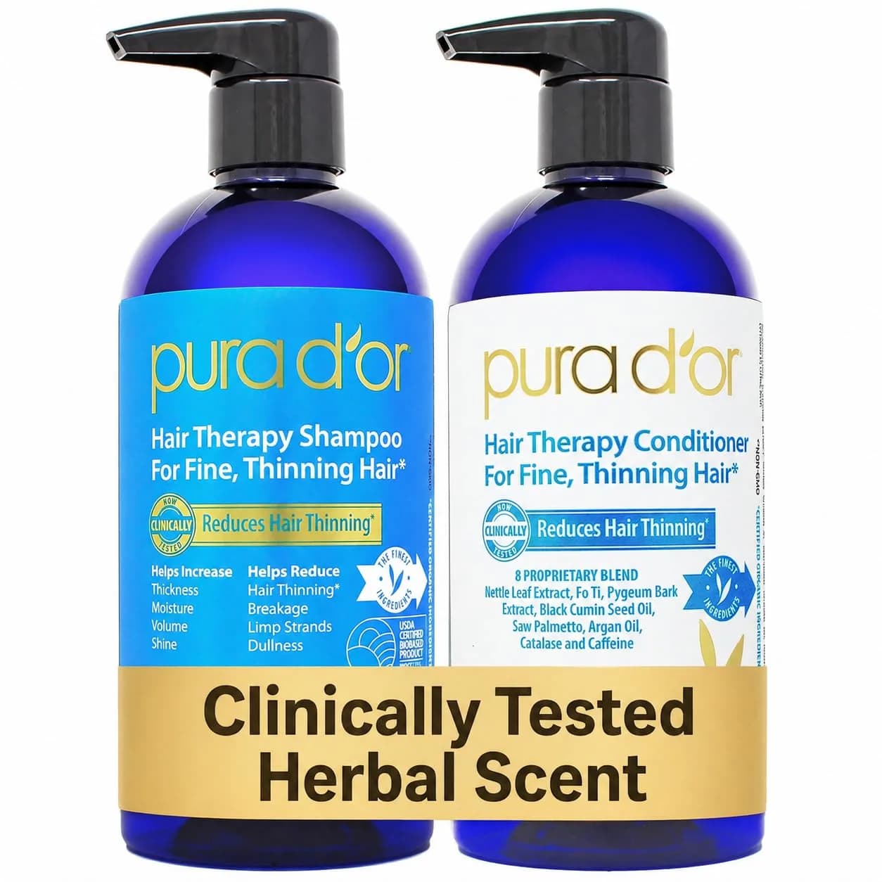 PURA D'OR Hair Thinning Therapy Biotin Shampoo & Conditioner Set 16 Fl Oz (Pack of 2) | Clinically Tested for Volume & Strength - main product image