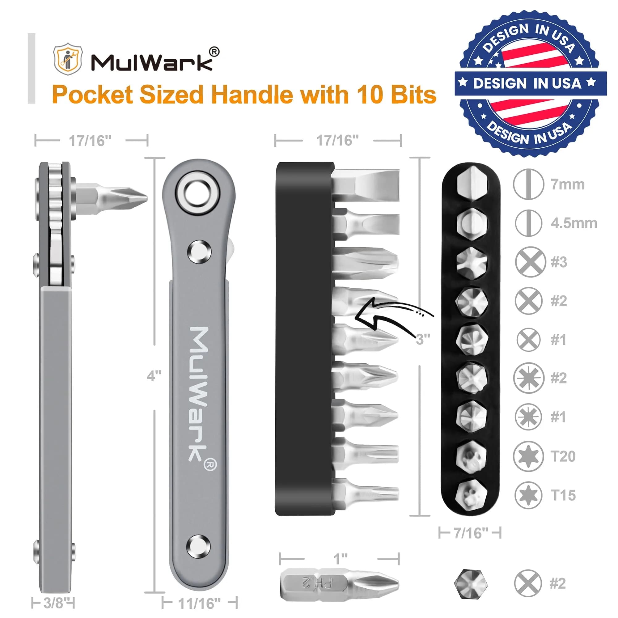 MULWARK 11pc Right Angle Screwdriver Set with 1/4" Hex Bits | Compact EDC Tool for Tight Spaces - view 7