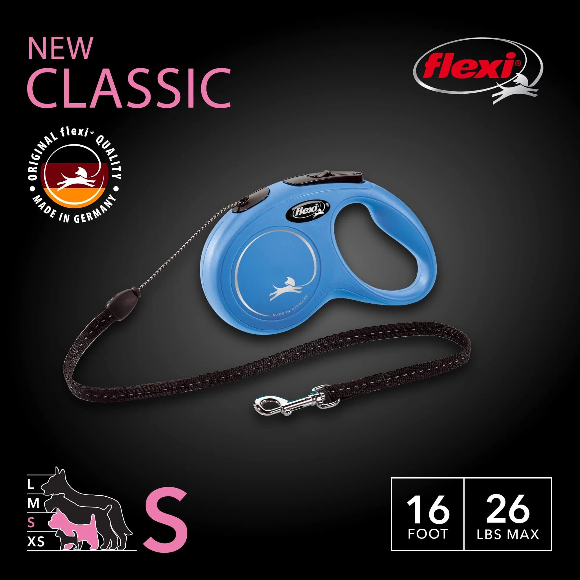 FLEXI Classic Cord Retractable Dog Leash, Small, 16 ft (4.8 m) Blue | German Engineered for Reliable Control - view 2