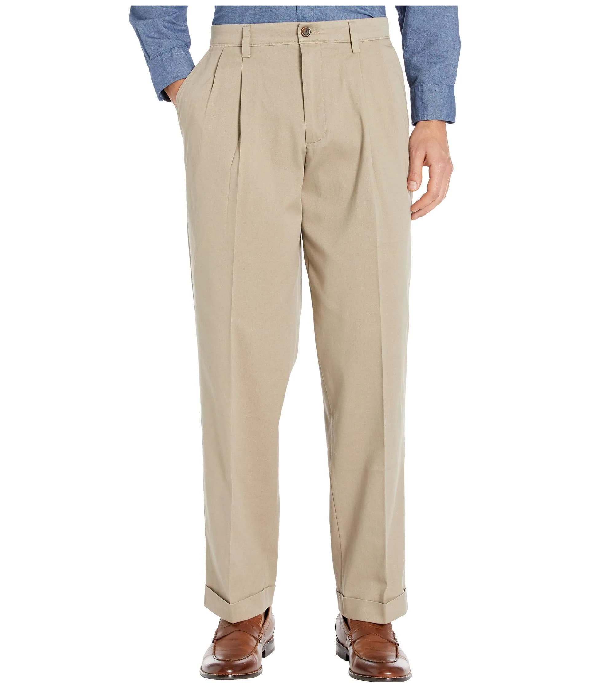 DOCKERS Men's Relaxed Fit Khaki Pants 38W x 32L | Stretch, Wrinkle-Free, Pleated — Timberwolf (Stretch)