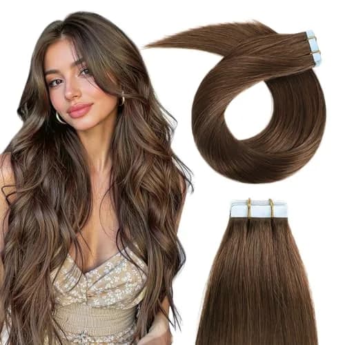 YILITE Tape In Hair Extensions Human Hair Medium Brown 20 Inch | Silky Straight, Reusable & Easy to Style thumbnail 1
