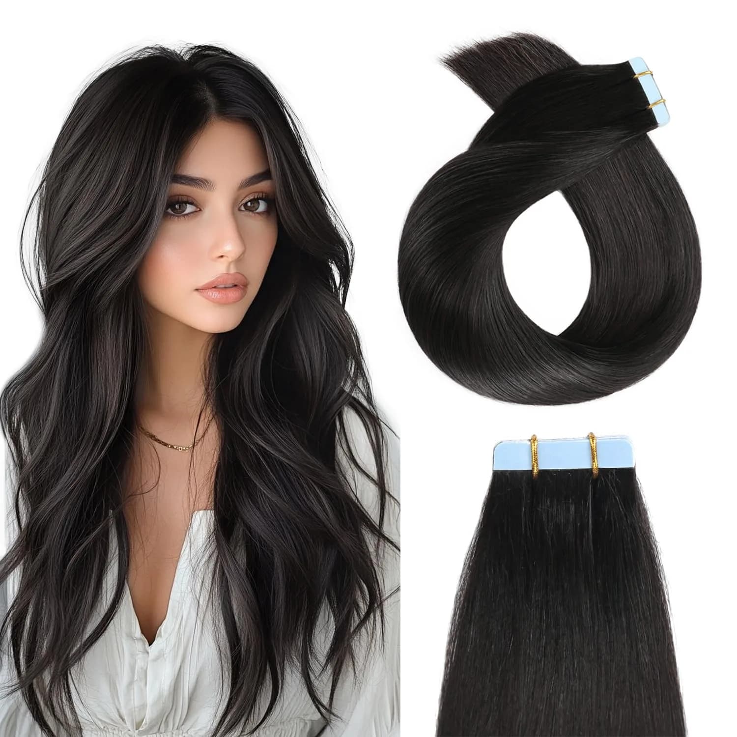 YILITE Tape In Hair Extensions Human Hair 20 Inch Natural Black | Silky Straight, Reusable & Styleable — 20 Inch