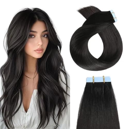 YILITE Tape In Hair Extensions Human Hair 20 Inch Natural Black | Silky Straight, Reusable & Styleable thumbnail 1