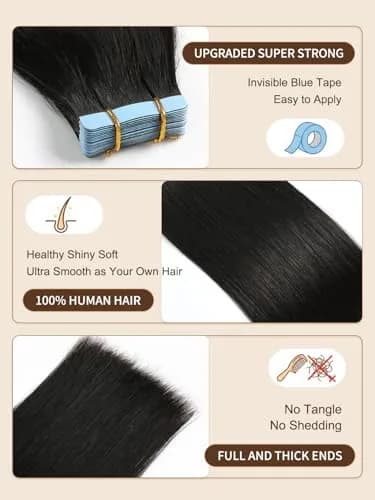 YILITE Tape In Hair Extensions Human Hair 20 Inch Natural Black | Silky Straight, Reusable & Styleable thumbnail 2