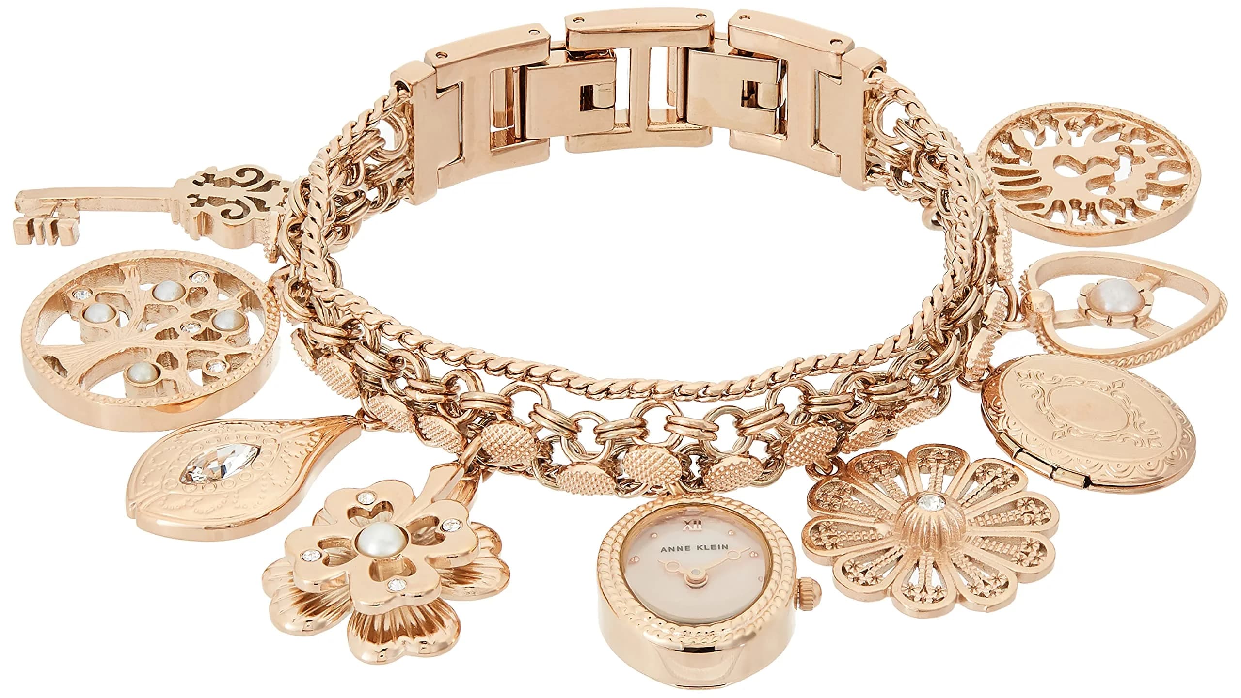 Anne Klein Women's Rose Gold Charm Bracelet Watch 18mm Case | Quartz Movement with Crystal Accents - main product image