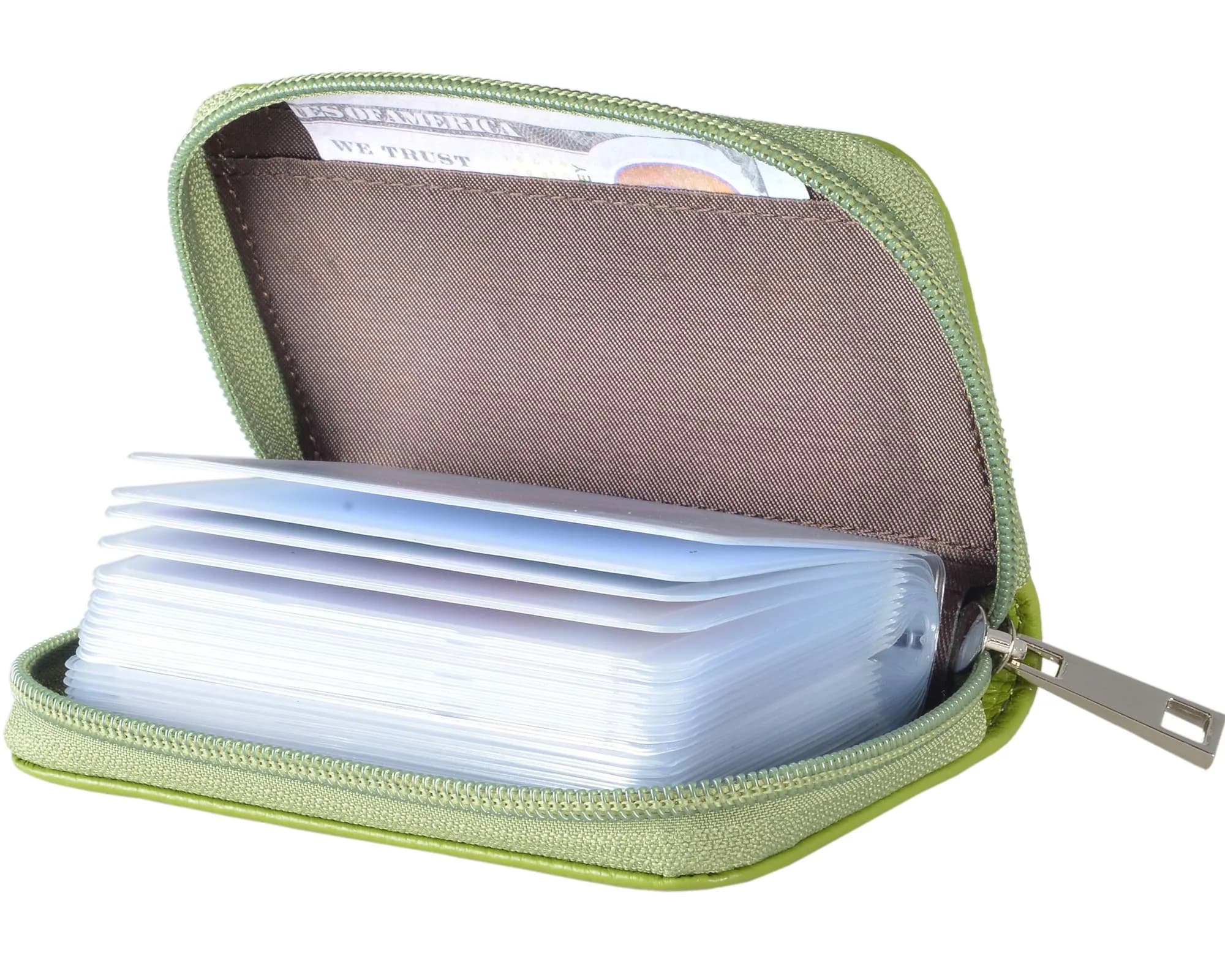 Easyoulife Genuine Leather Credit Card Holder Zipper Wallet With 26 Card Slots (Green) | RFID Blocking Slim Wallet for Women