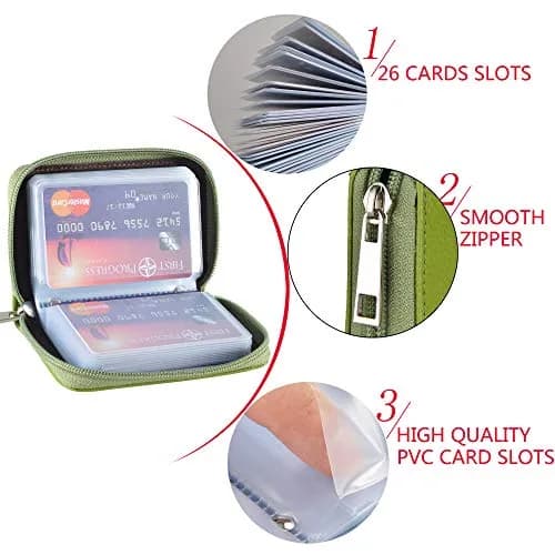 Easyoulife Genuine Leather Credit Card Holder Zipper Wallet With 26 Card Slots (Green) | RFID Blocking Slim Wallet for Women thumbnail 6
