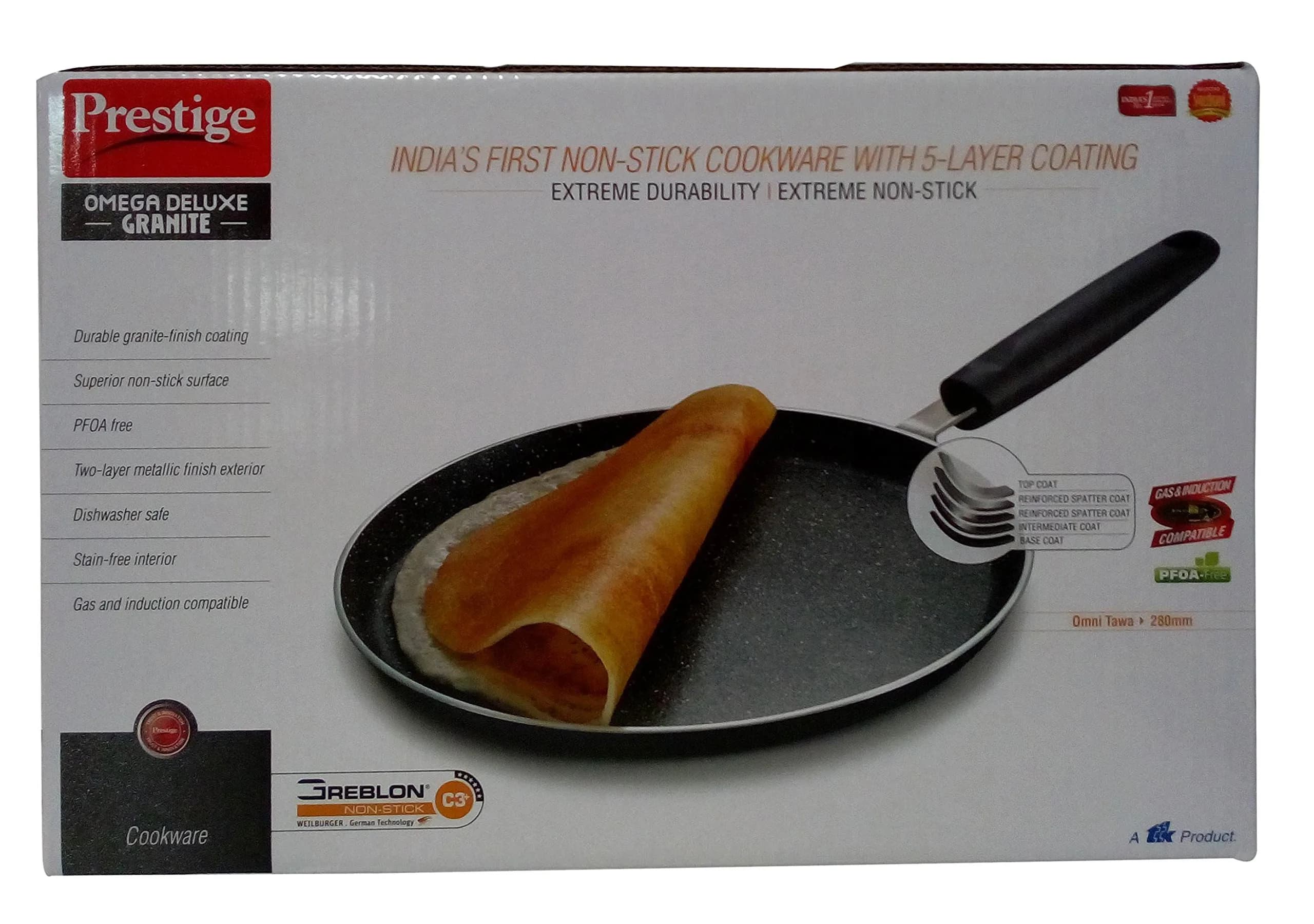 Prestige Manttra Omega Deluxe Granite Omni Dosa Tawa 280mm (11 inch) | Non-Stick Dosa Pan for Indian Kitchens — Black
