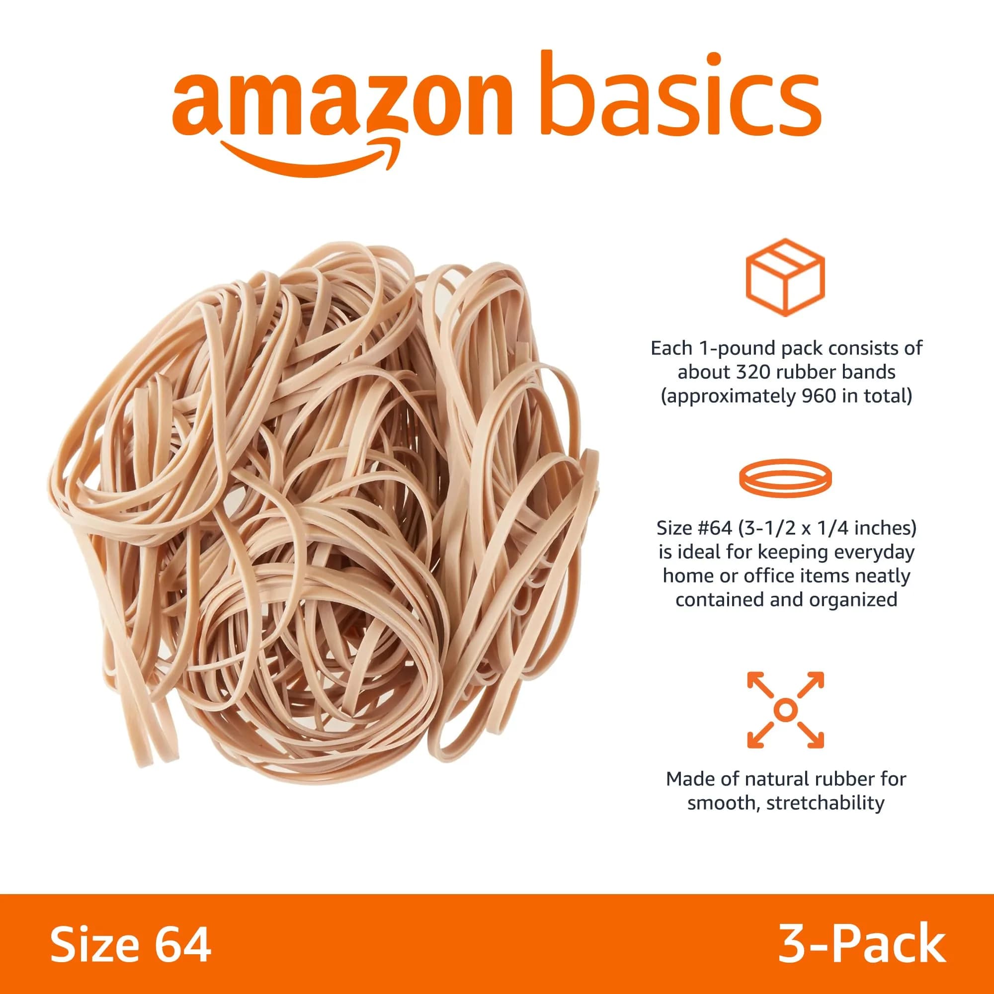 Amazon Basics Size 64 Rubber Bands | 3.5 x 0.25 Inch, 960 Bands Total (3 x 1 lb Packs) - view 2