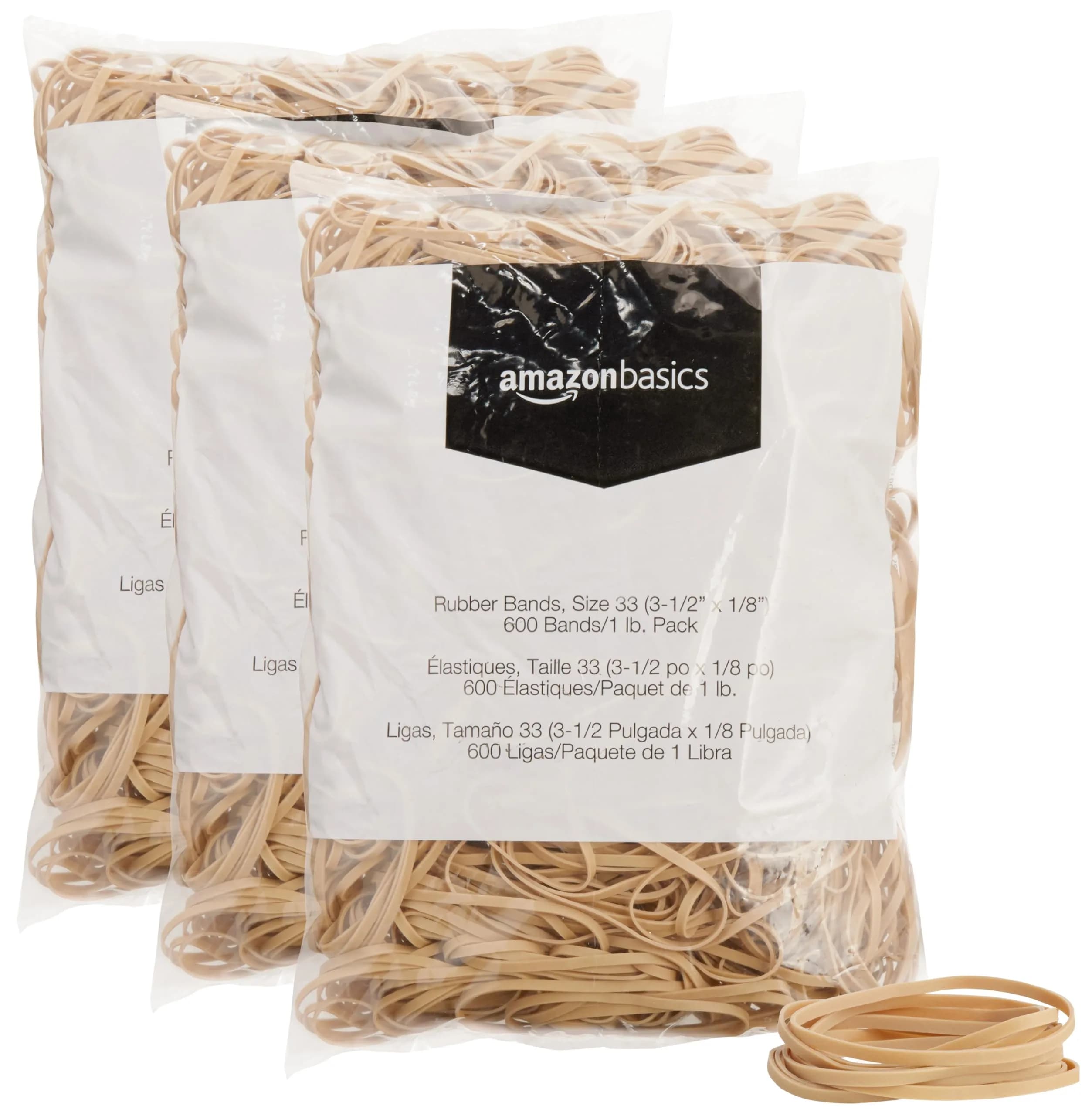 Amazon Basics Rubber Bands Size 33 (3.5 x 0.125 Inch) 1800 Bands | Natural Rubber, Tan, 3-Pack