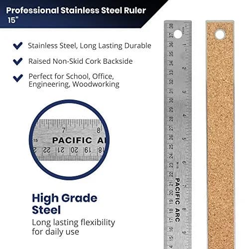 Pacific Arc Stainless Steel 15 Inch Metal Ruler with Cork Back | Precise Inch & Metric Graduations thumbnail 2