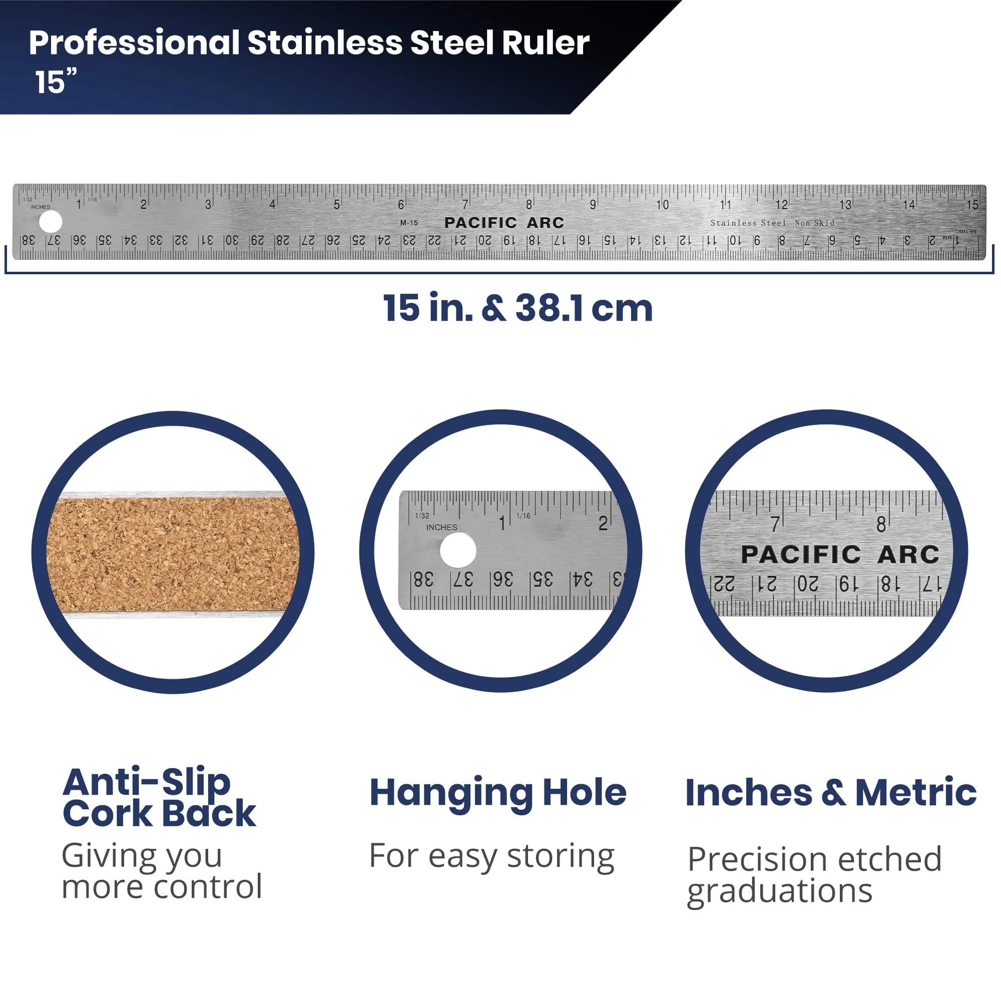 Pacific Arc Stainless Steel 15 Inch Metal Ruler with Cork Back | Precise Inch & Metric Graduations - view 3
