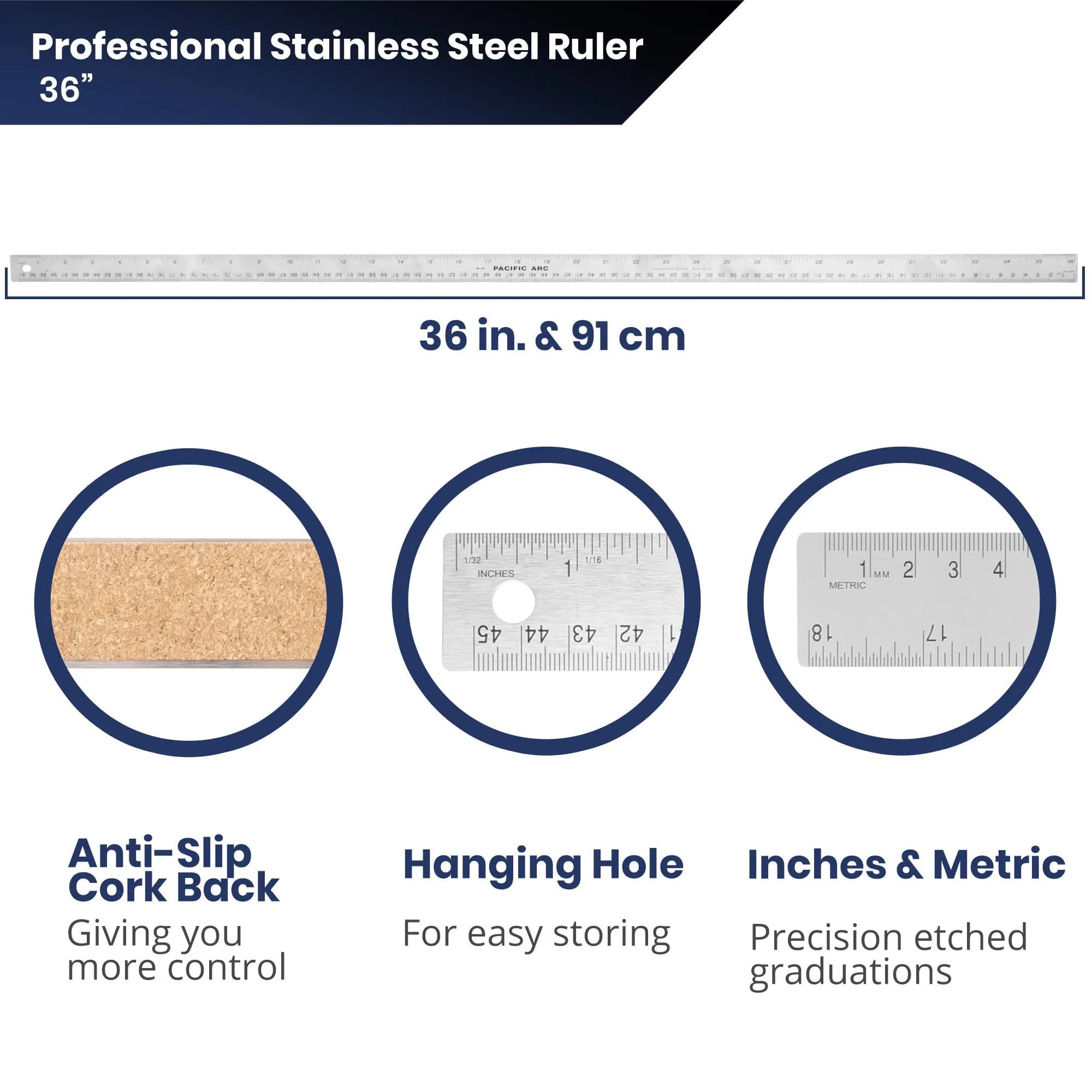 Pacific Arc Stainless Steel 36 Inch Metal Ruler with Cork Back | 91.4 cm (36 Inch) Dual Graduations - view 2