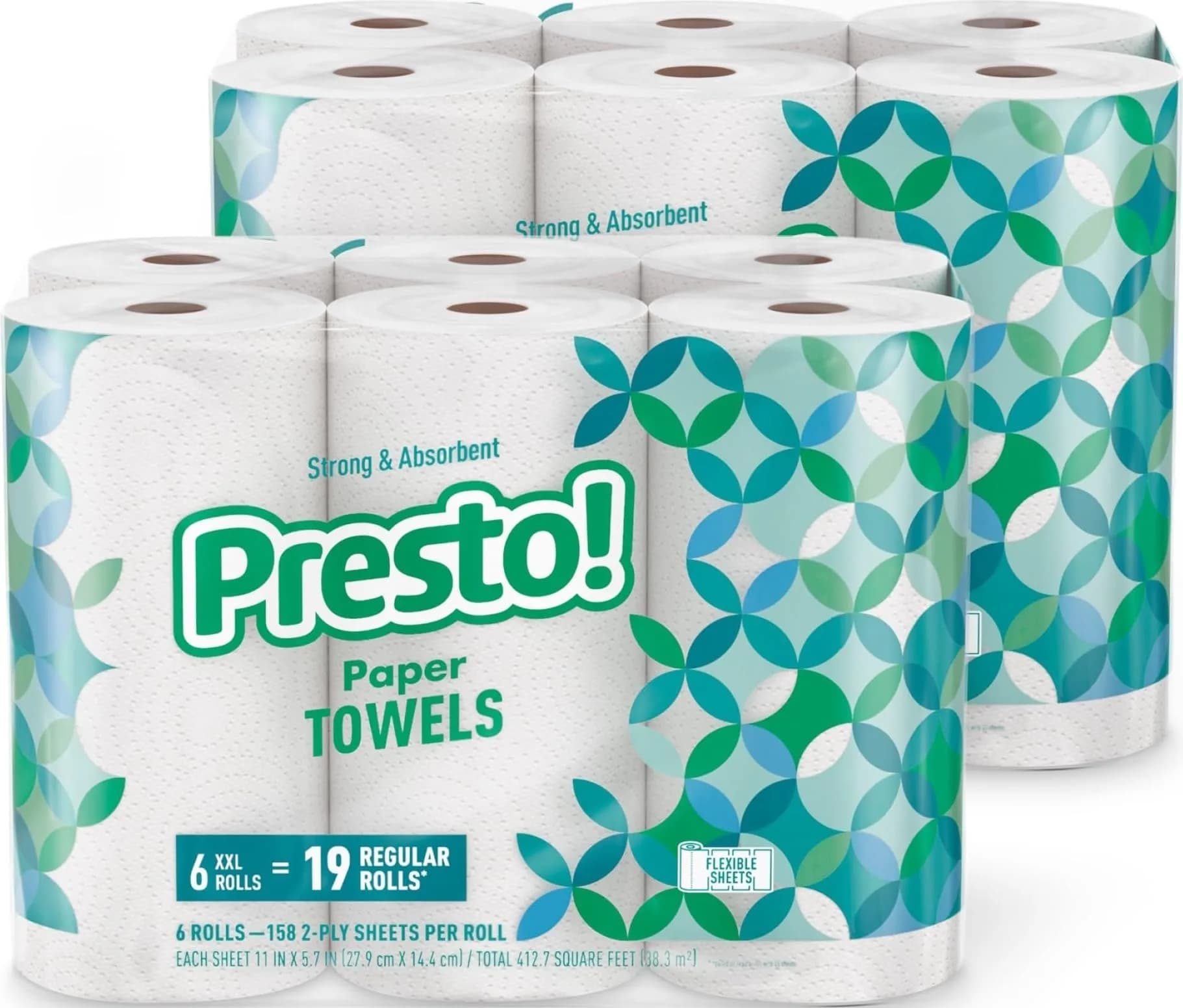 Presto! Ultra-Strong Premium Paper Towels Huge Roll | 1896 Sheets (12 Rolls, 2 Packs of 6) | Flex-a-Size - main product image